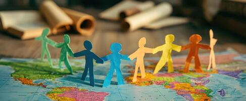 The colorful paper figures holding hands on a world map representing unity and diversity. photo
