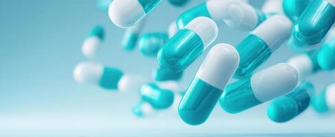 The floating turquoise and white capsules on a soft blue background. photo