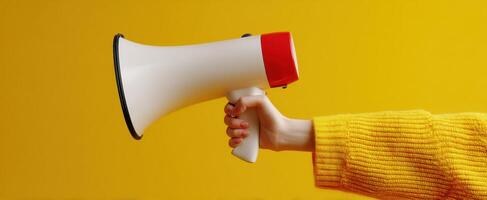 The megaphone held confidently delivers a powerful message in vibrant surroundings. photo