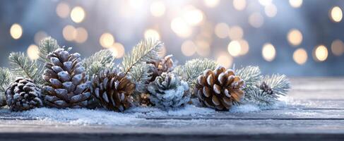 The picturesque arrangement of snow-dusted pine cones and evergreen branches. photo