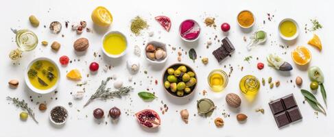 The vibrant arrangement of fresh ingredients and oils on a white background. photo