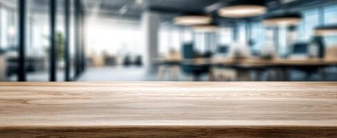 The wooden table in a modern office setting providing a versatile workspace. photo