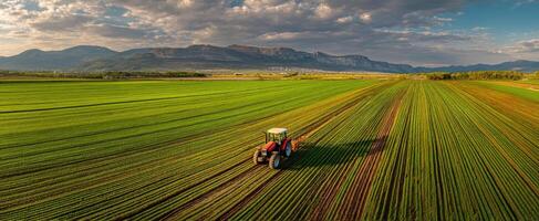 The vibrant tractor cultivating lush green fields under a dramatic sky. photo