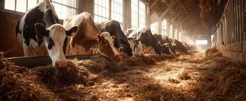 The cows enjoying their meal in a sunlit barn setting. photo