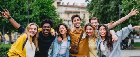 The joyful group of friends celebrating life in a vibrant park setting photo
