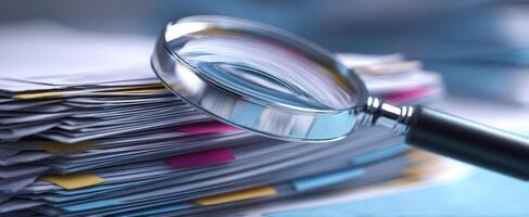 The Magnifying Glass Over Paperwork Revealing Hidden Details for Analysis photo