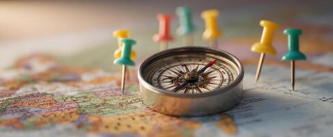 The compass and push pins on a world map for adventurous travel planning. photo