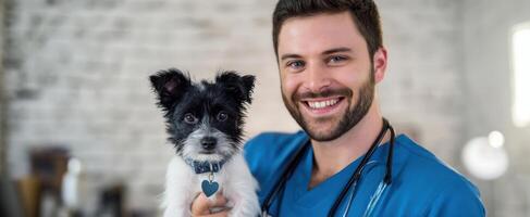 The veterinarian holds a smiling puppy in a bright veterinary clinic setting. photo