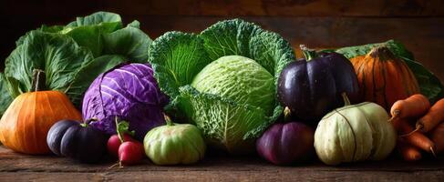 The Vibrant Array of Fresh Vegetables on a Rustic Wooden Surface photo