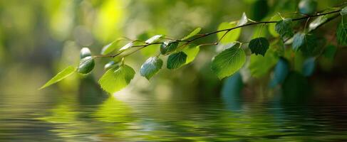 The tranquil scene of green leaves reflecting on calm water. photo