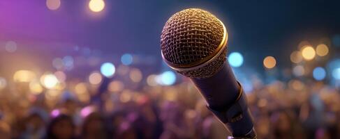 The Microphone Captured in Focus Against a Vibrant Crowd at Night photo