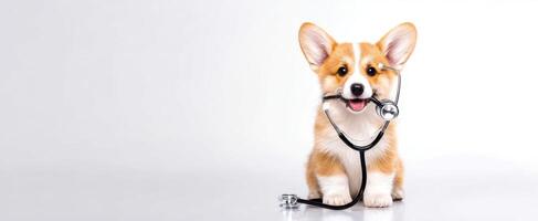 The adorable corgi puppy with a stethoscope ready for veterinary adventures. photo