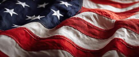 The American flag waving gently in the breeze showcasing vibrant colors and texture. photo