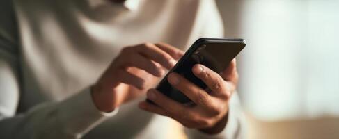 The person interacting with a smartphone in a cozy indoor setting. photo