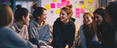 The joyful gathering of friends sharing laughter and stories in a cozy setting. photo