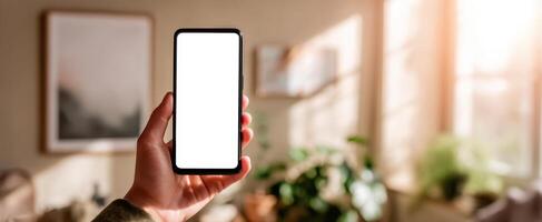 The smartphone held in a hand against a bright, cozy interior setting. photo