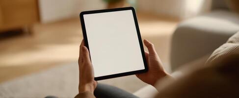 The tablet held by a person in a cozy home setting. photo