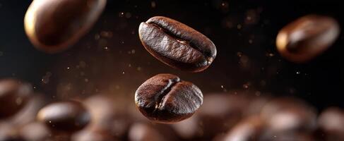 The floating coffee beans showcasing rich flavors in a dark backdrop. photo
