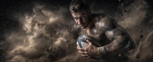 The rugby player charging through dust in a display of power and intensity. photo