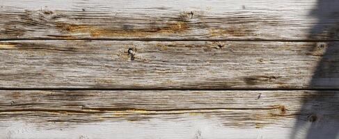 The weathered wooden surface with natural textures and rustic charm. photo