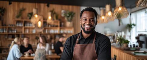 A smiling black man in an apron standing in front of a restaurant photo