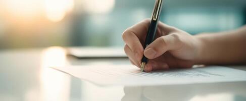 The hand writing on a document in a soft-lit workspace. photo