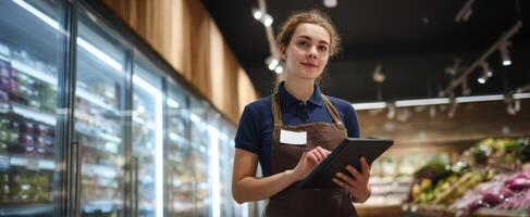 The young employee using a tablet in a modern grocery store setting. photo