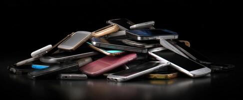 The vibrant collection of discarded smartphones on a reflective surface. photo