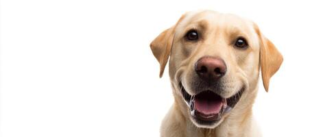 The happy Labrador dog with a joyful expression against a white background. photo