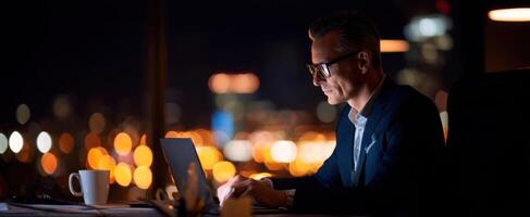 The focused businessman working late at night in a modern office setting. photo