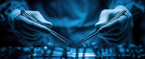 Hands of surgeon holding surgical instruments photo