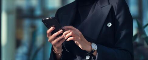 The modern woman using a smartphone while showcasing elegant style and professionalism. photo