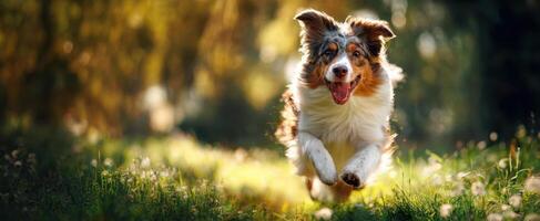 The joyful moment of a dog running through a sunlit meadow. photo