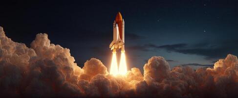 The rocket launches dramatically into the night sky amidst vibrant clouds. photo