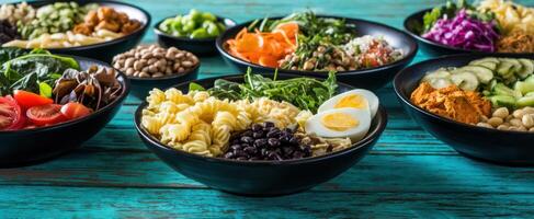 The vibrant assortment of fresh ingredients in artistic bowls ready for a meal. photo
