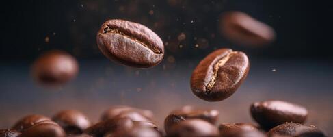 The mesmerizing dance of coffee beans in a dark, rich background. photo