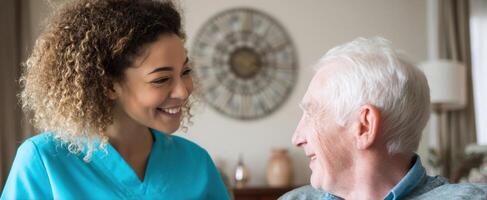 The compassionate caregiver providing joy and support to an elderly man. photo