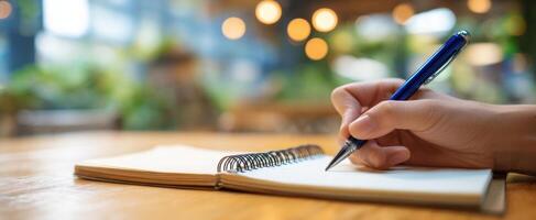 The hand holding a pen writing in a notebook at a cozy workspace. photo