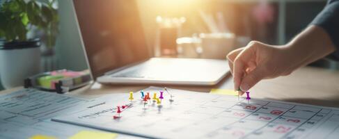 The calendar filled with colorful pins for effective project planning and organization. photo