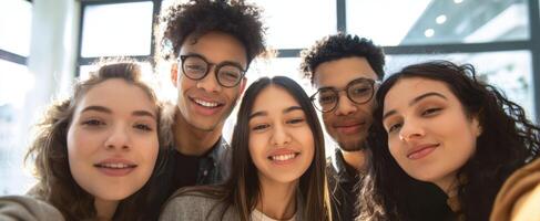 The joyful group of friends taking selfies in a modern indoor space photo