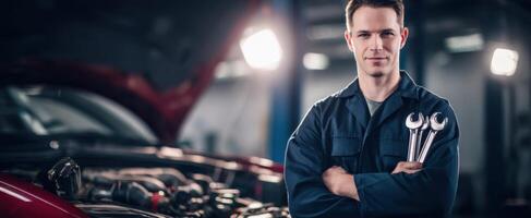 The confident mechanic standing with wrenches in a busy garage environment. photo