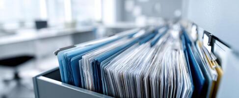 The organized filing cabinet with neatly arranged blue documents for office efficiency. photo
