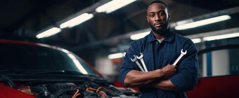 The confident mechanic standing proudly with tools in a modern workshop. photo