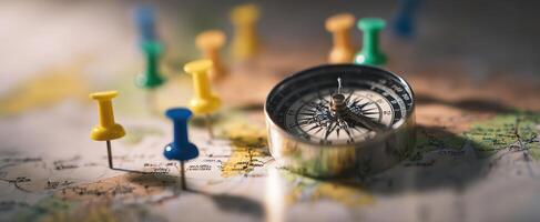 The compass resting on a detailed map surrounded by colorful pushpins. photo