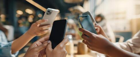 The Hands Holding Smartphones in a Modern Cafe Setting with Warm Lighting photo