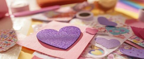The colorful display of glittery hearts and crafting materials on a workspace. photo