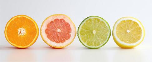 The vibrant display of sliced citrus fruits on a minimalist background. photo