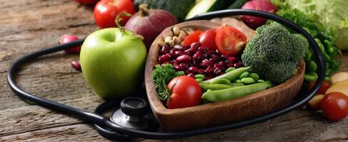 The heart-shaped bowl filled with fresh vegetables and fruits on a wooden table. photo