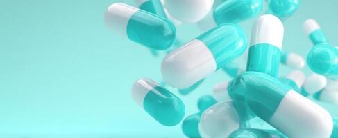 The vibrant capsules floating gracefully in a turquoise background. photo