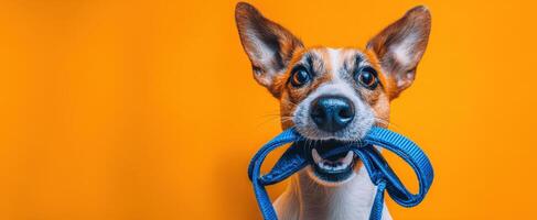 The Happy Dog Holding a Leash with a Playful Expression on Its Face photo